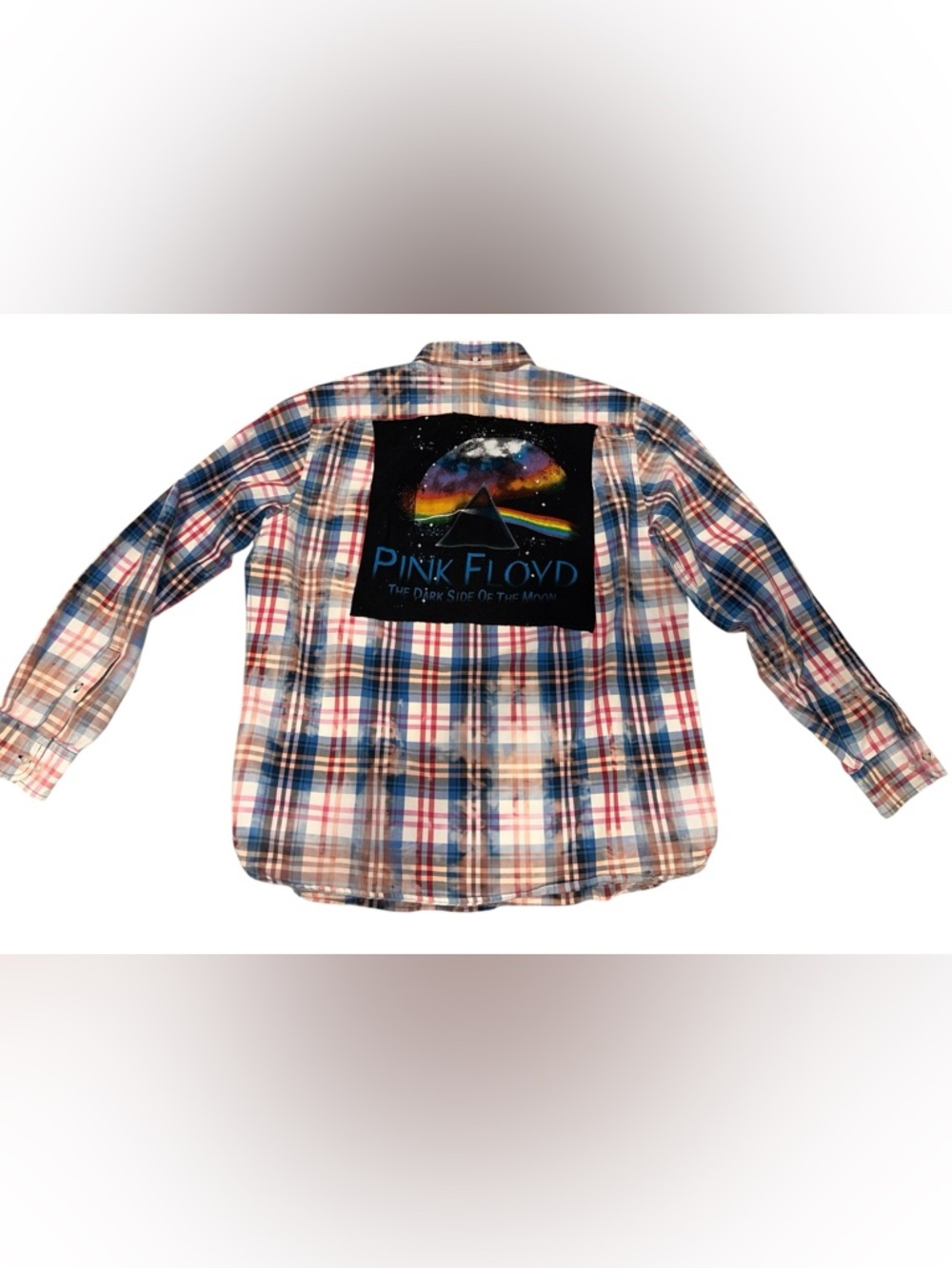 Upcycle Plaid Shirt Pink Floyd Lands End Oxford Distressed Men’s Button Up Sz L - Picture 4 of 8
